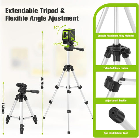 Laser Level with Tripod, 120 feet Green Cross Line Self Rotary Leveling Laser Level, Vertical and Horizontal Line, Rotatable 360 Degree, Manual Self leveling and Pulse Mode,IP54 Waterproof & Battery
