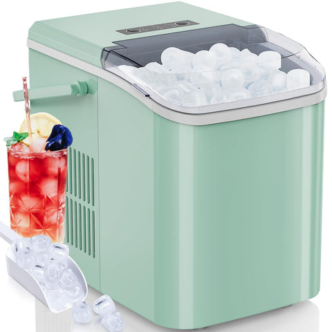 OLIXIS Portable Ice Machine Maker Countertop with Handle, Ice Cube Maker 9 Cubes in 6 Mins, 26.5lbs/24Hrs, 2 Sizes of Bullet Ice, Ice Scoop, Basket for Home Kitchen Office, Green