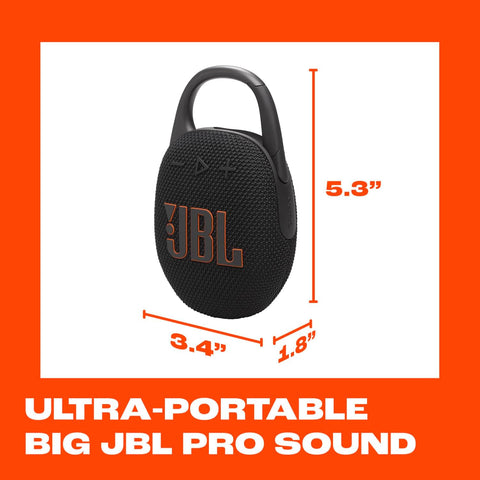 JBL Clip 5 - Ultra-Portable, Waterproof & Dustproof Bluetooth Speaker, Big JBL Pro Sound with Punchy bass, Integrated Carabiner, Up to 12 Hours of Play, Made in Part with Recycled Materials (Black)