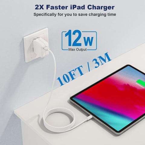 Long 10FT iPad Charger,2Pack iPhone Charger Pad Cord Fast Charging 12W USB