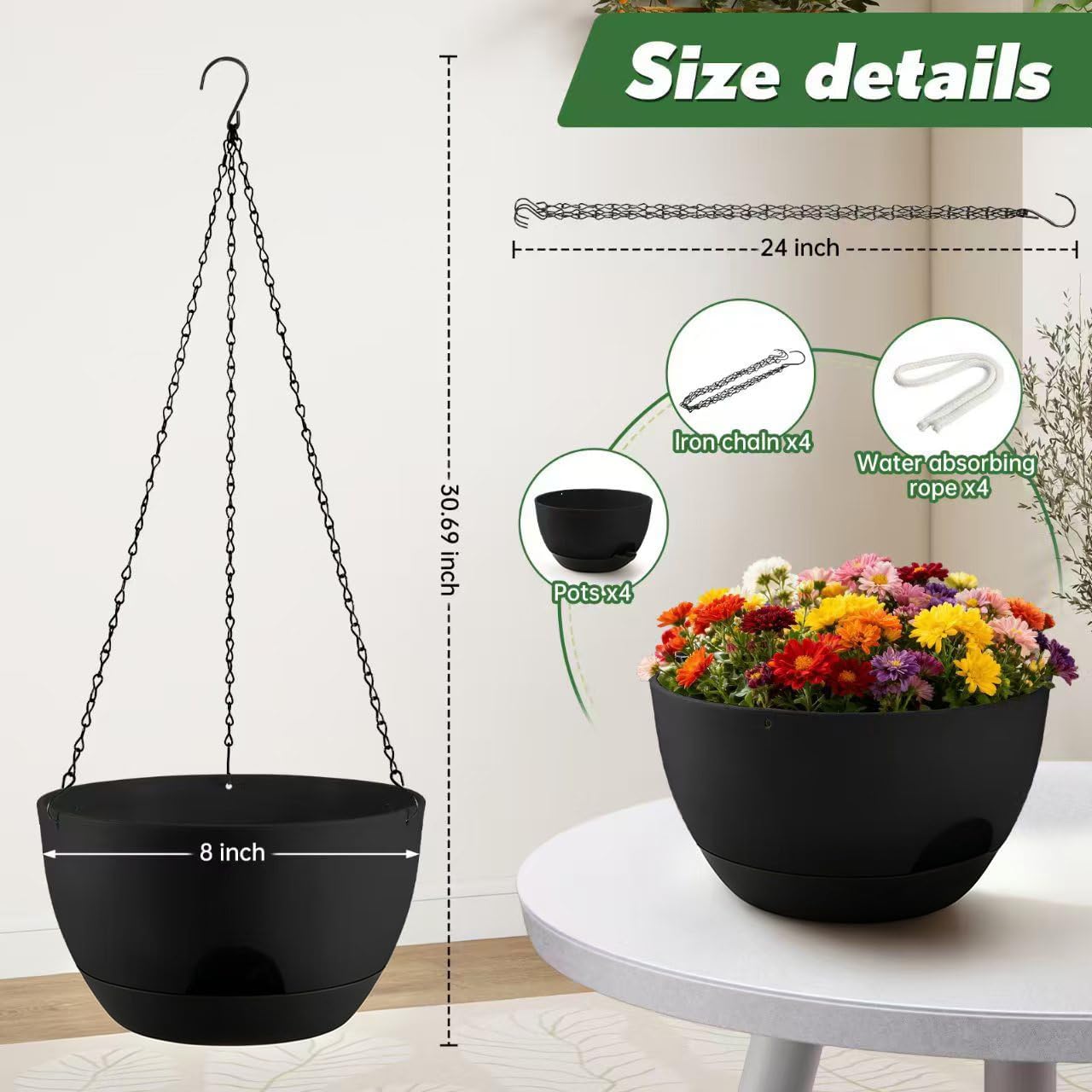 4-Piece Set of 8-Inch Hanging Planters with Automatic Watering System and Drip Tray, Includes Metal Chain, Suitable for Various Indoor and Outdoor Plants and Flowers,Pure Black