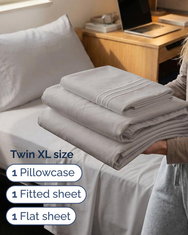 Twin XL 3 Piece Sheet Set - College Dorm Room Essentials - Light Grey
