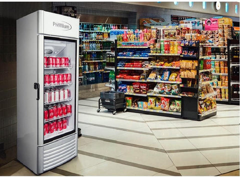 Premium PremiumLevella PRF907DX Glass Door Display Refrigerator 9.0 cu ft Commercial Beverage Cooler Merchandiser With Customizable Lightbox - Black