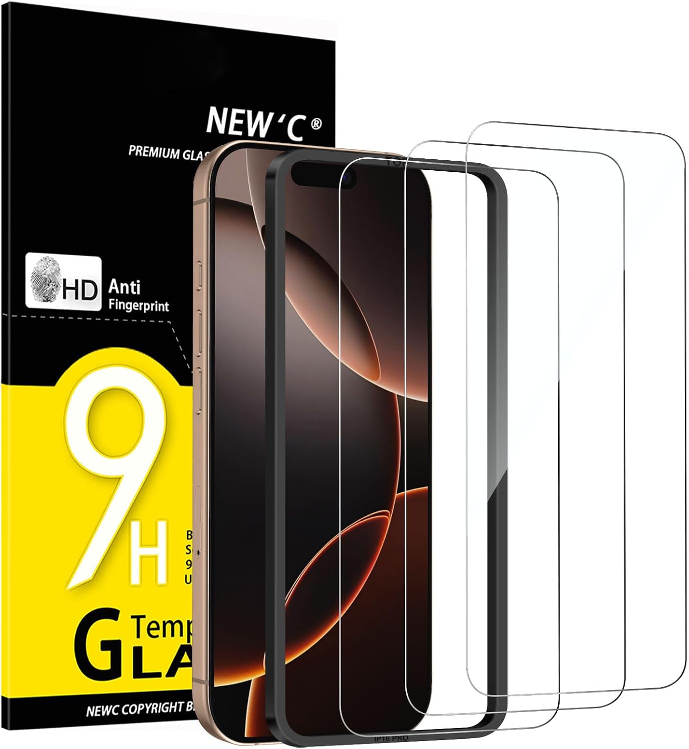 NEW'C 3 Pack Designed for iPhone 16 Pro, iPhone 17, 17 Pro Screen Protector (6.3 inches), Enhanced Tempered Glass Protection with easy installation tool included, Case Friendly