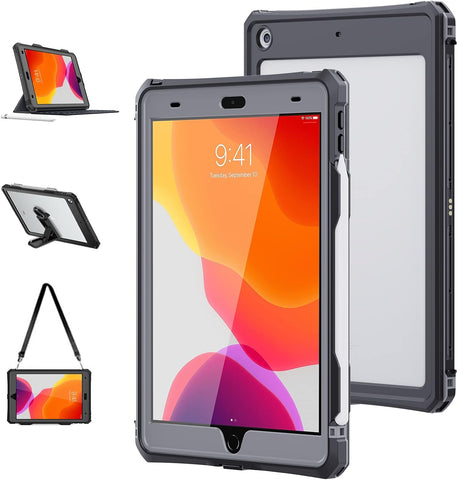 ShellBox Case iPad 10.2 9th /8th/7th Generation Waterproof Case, Full-Body Heavy Duty Shockproof Protective Cover Built-in Screen Protector with Shoulder Strap for iPad 10.2 2021/2020/2019