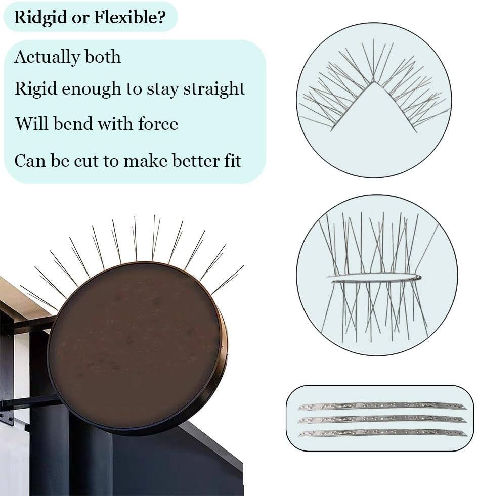 PANGCH Bird Spikes,Stainless Steel Bird Spikes Metal Bird Spikes Fence Spikes Easy to Install - 5 Strips 4.1 Feet Coverage