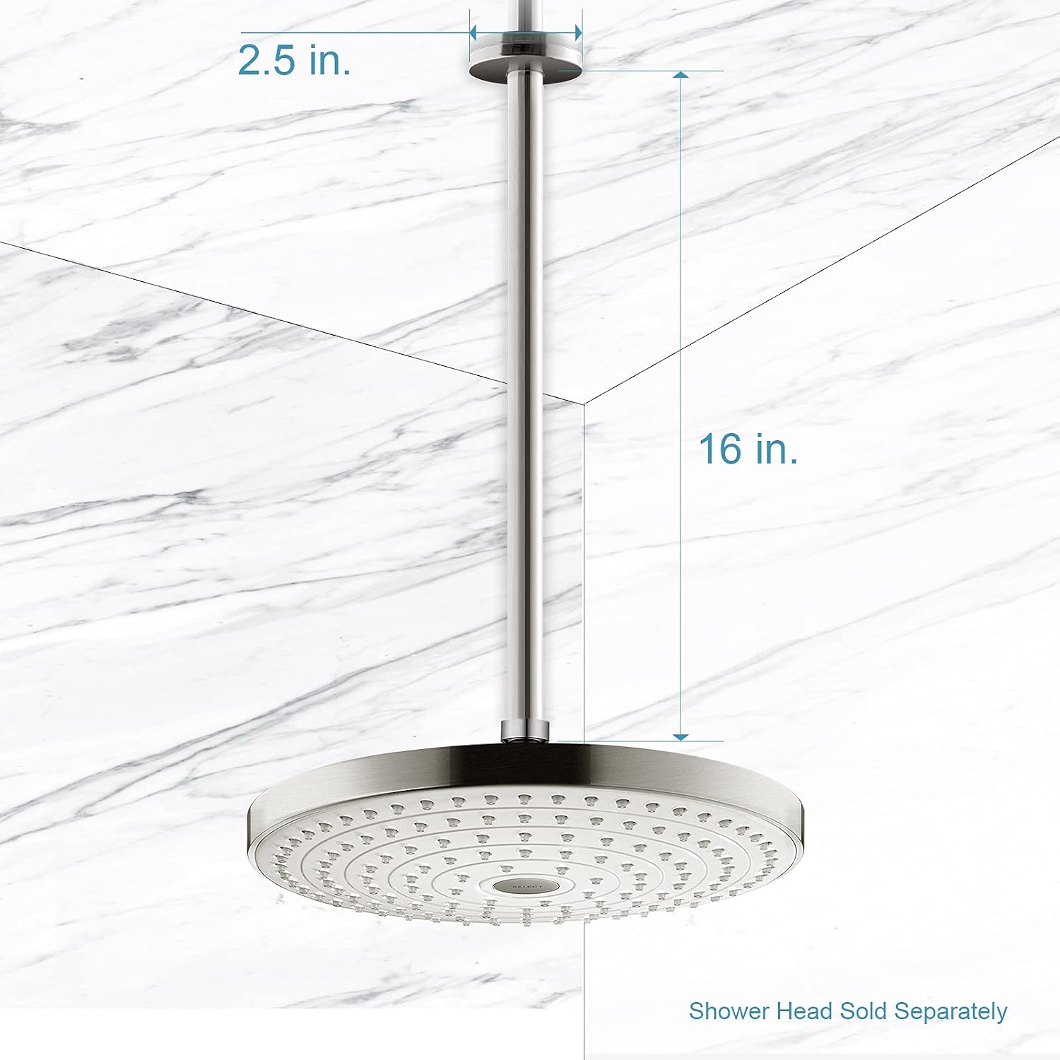 OFFO Shower Arm with Flange, 16 in Brushed Nickel Ceiling Mount Replacement Rain Shower Head Straight Arm Ceiling-Mounted For Fixed Shower Head & High Pressure Rain