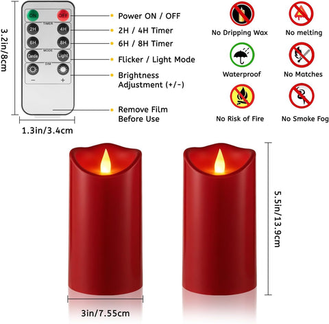 3 Pack Flameless Candles with Remote & Timer Ivory Outdoor Waterproof Led Pillar Candles(D3 X H6), Battery Operated Candles for Home & Holiday Party Decor (Red, 2 Pack)