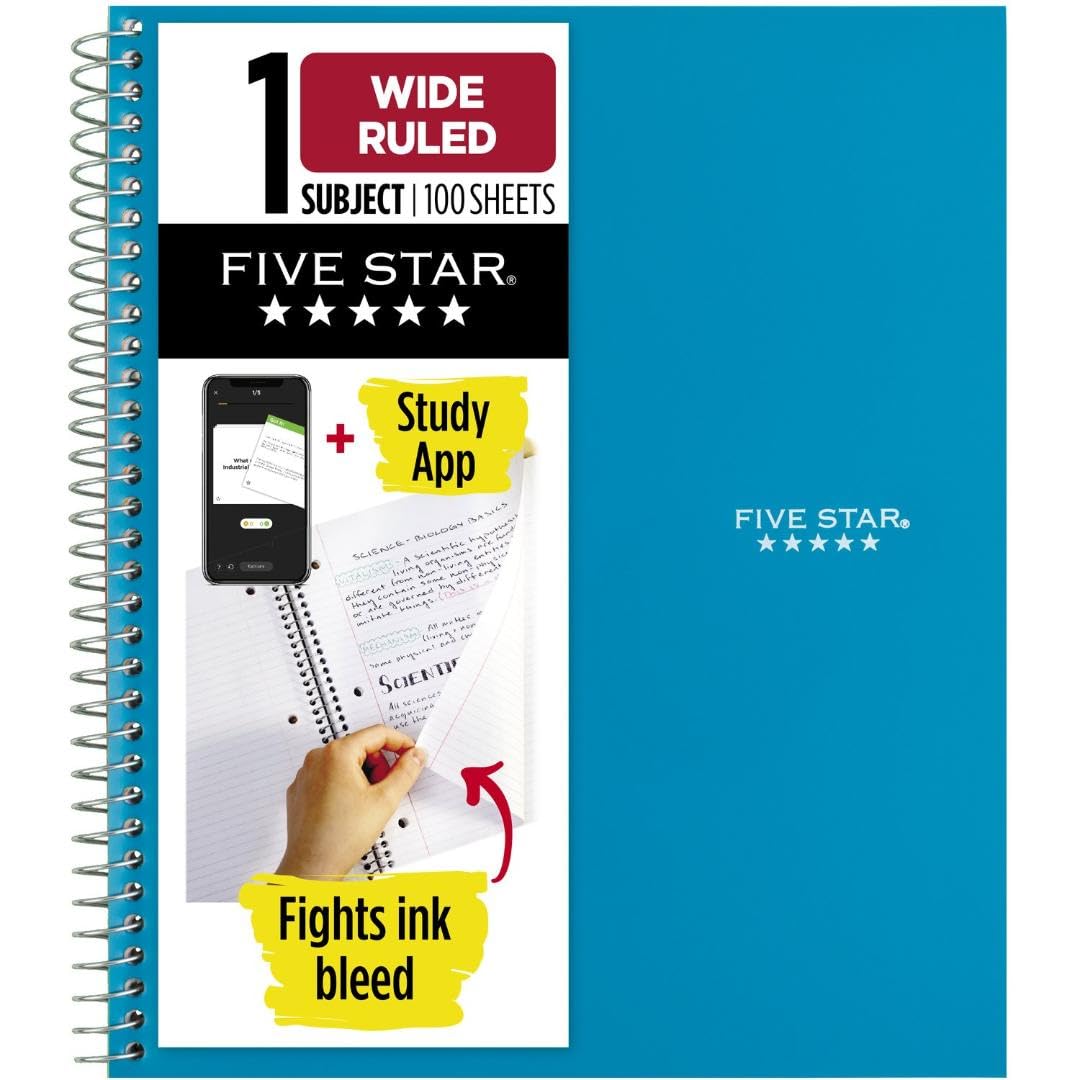 Five Star Spiral Notebook + Study App, 1 Subject, Wide Ruled Paper, 8" x 10-1/2", 100 Sheets, Fights Ink Bleed, Water Resistant Cover, White (72877)