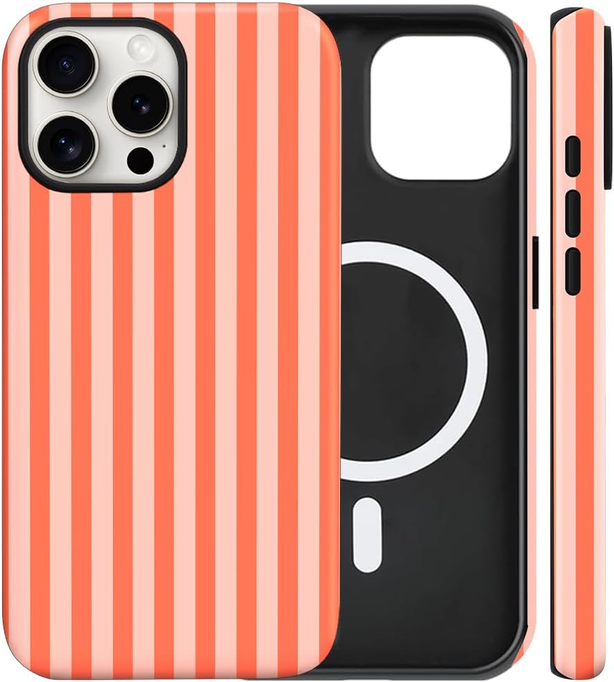 Magnetic for iPhone 15 Pro Max Case Cute Stripes Phone Case, Deep Orange
