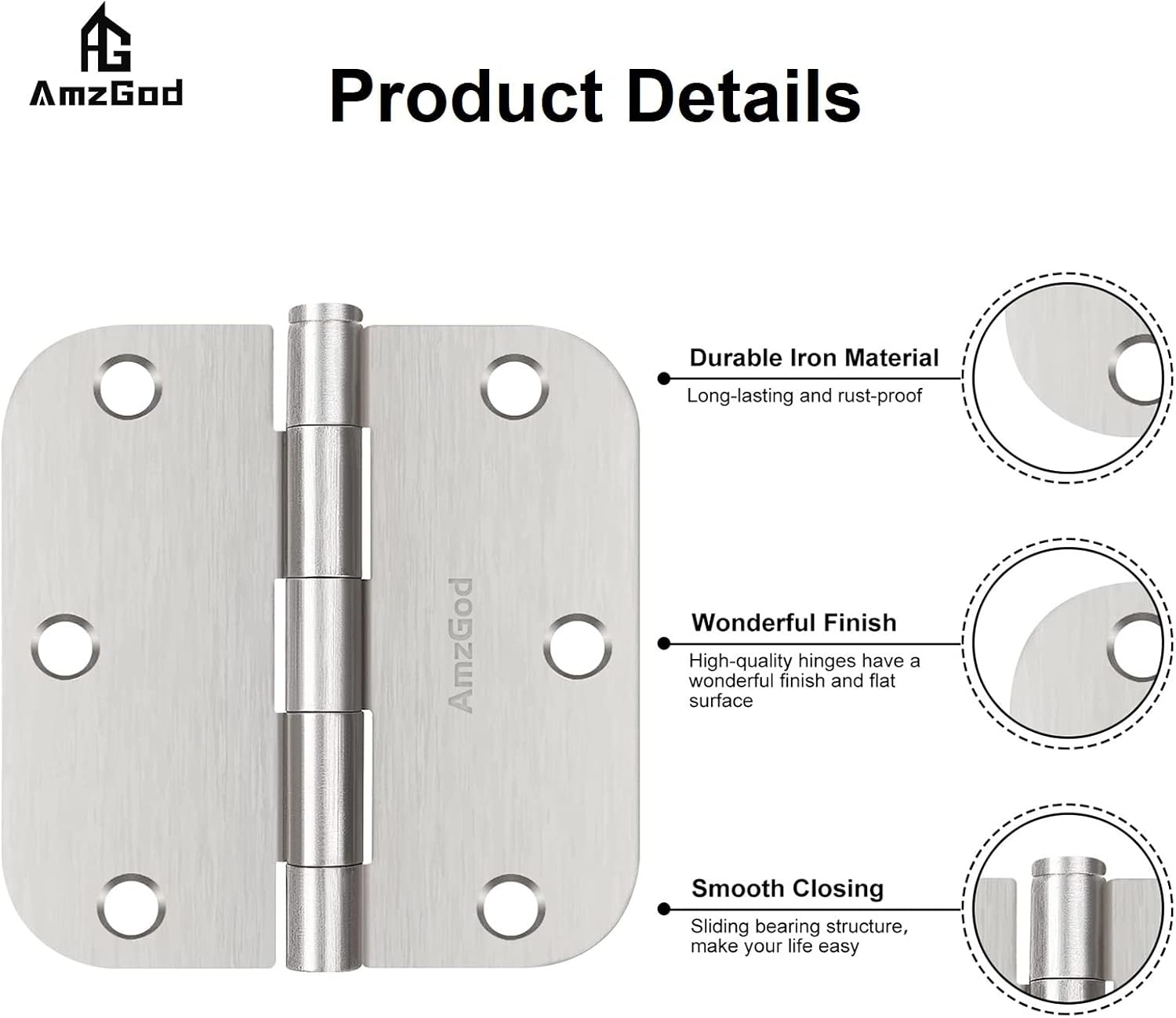 Door Hinges Brushed Nickel - 3 Pack Satin Nickel 3.5 Inch Rounded Interior Door Hinges with 5/8" Radius - Flat Iron Residential Standard 3 1/2 Inches Silver Door Hardware
