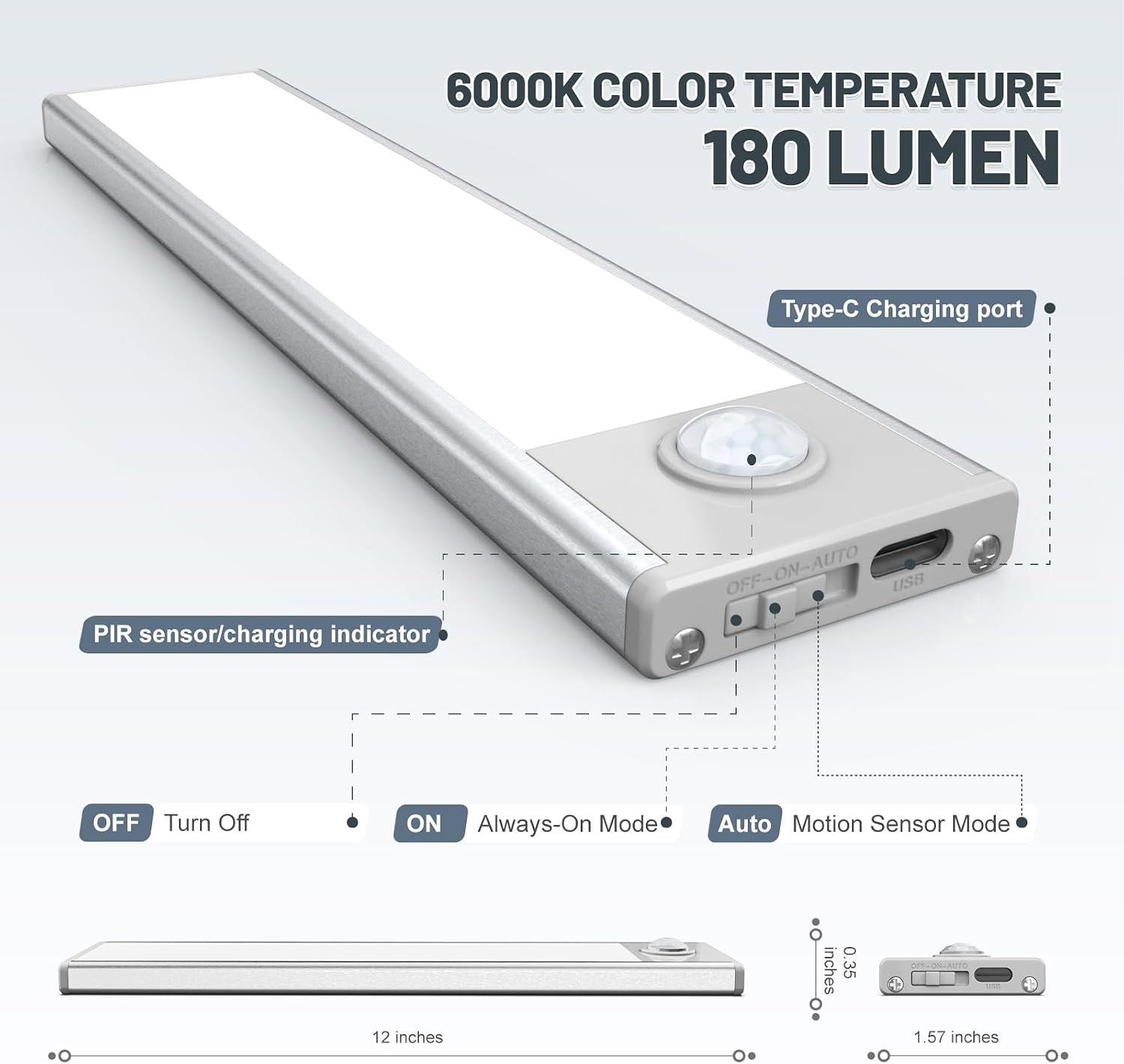 12 inch Under Cabinet Lighting, 6 Pack Motion Sensor Light Indoor Rechargeable Magnetic Closet Lights Battery Operated, Under Counter Lights for Kitchen, Wardrobe, Hallway, Stairs White Light