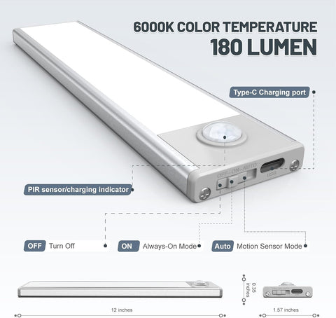 12 inch Under Cabinet Lighting, 6 Pack Motion Sensor Light Indoor Rechargeable Magnetic Closet Lights Battery Operated, Under Counter Lights for Kitchen, Wardrobe, Hallway, Stairs White Light