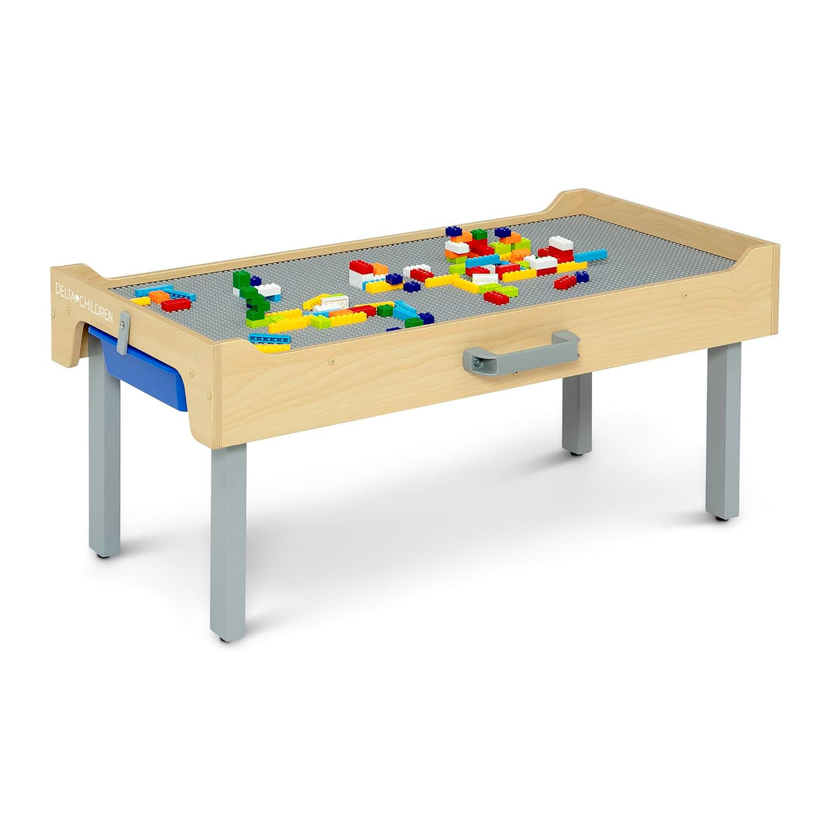 Delta Children Play N Store Building Bricks Play Table with 100+ Play Bricks Included - Large Brick Plate Compatible with LEGO, MegaBlocks & More - Legs Fold for Easy Under Bed Storage, Grey