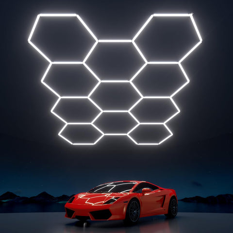 Hexagon Garage Lights: 322W 11 Grids Hexagon LED Lights - Easy Install 6500K Super Bright Honeycomb Lights Ceiling for Garage, Warehouse, Car Detailing Shop, Exhibition Hall, Gym