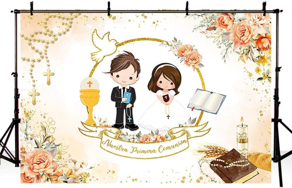 AIBIIN 7x5ft Mi Primera Comunion Backdrop for Twins Nuestra Primera Comunión God Bless Baptism Party Decoration Christening Ceremony Mi Bautizo Banner Chalice Floral Photography Background Photo Props