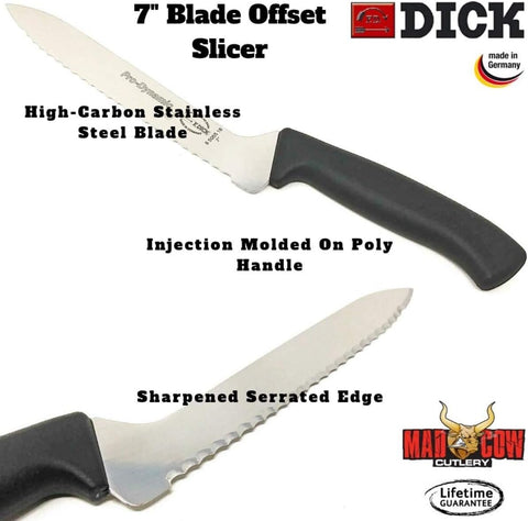F. Dick Pro-Dynamic 7 Inch Offset Slicing Knife - 7 Inch High-Carbon Stainless Steel Sharp Serrated Blade - For Bread, Sandwiches, Smoked Meats, Vegetables - German Made Knife