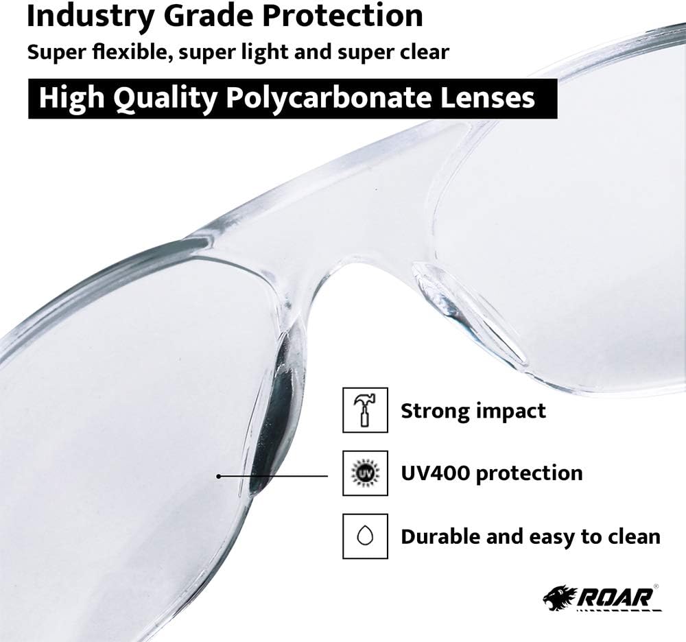 ROAR Men's Flexible Safety Glasses, Clear, 12 Pairs Per Box, ANSI Z87+ Certified, UV Protection, Comfortable, Durable, Impact Resistant