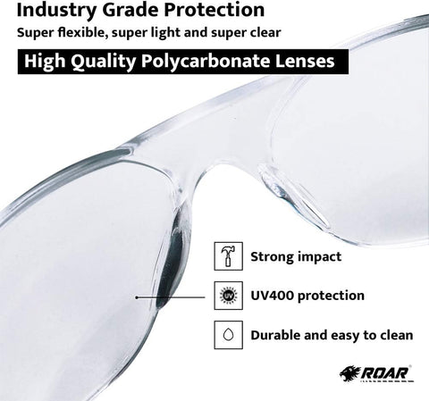 ROAR Men's Flexible Safety Glasses, Clear, 12 Pairs Per Box, ANSI Z87+ Certified, UV Protection, Comfortable, Durable, Impact Resistant