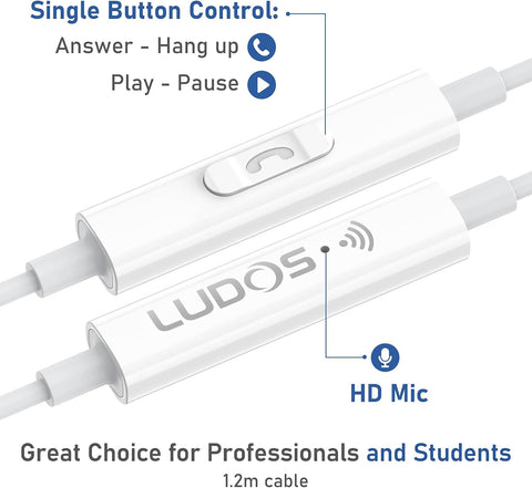 LUDOS OMNITONE Wired Earbuds in-Ear Headphones, 5 Year Warranty, Earphones with Microphone, 3.5 mm Jack Corded Ear Buds, Videoconference for iPhone, Samsung, Laptop, Kids, School Students - White