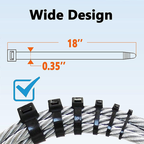 200lb Zip Ties Heavy Duty 18 Inch 350pcs, Large Black Cable Tie, Thick Heat Resistant Zipties, Big Wide Wire Ties, Industrial Tie Wraps for Outdoor Use
