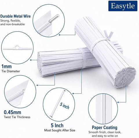 Easytle 600 Pcs 5" White Paper Twist Ties Bread Ties White Twist Ties Twisty-Ties Bag Ties Twist Ties for Bags Bread Wire Ties Twist Tie for Party Cello Candy Bread Coffee Bags Cake Pops