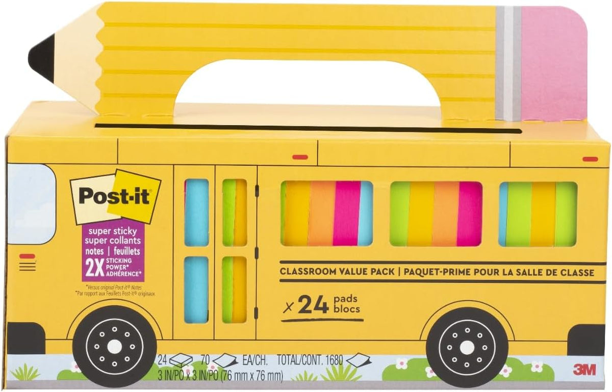 Post-it Super Sticky Notes, 3 x 3 in, Assorted Brights, 24 Pads