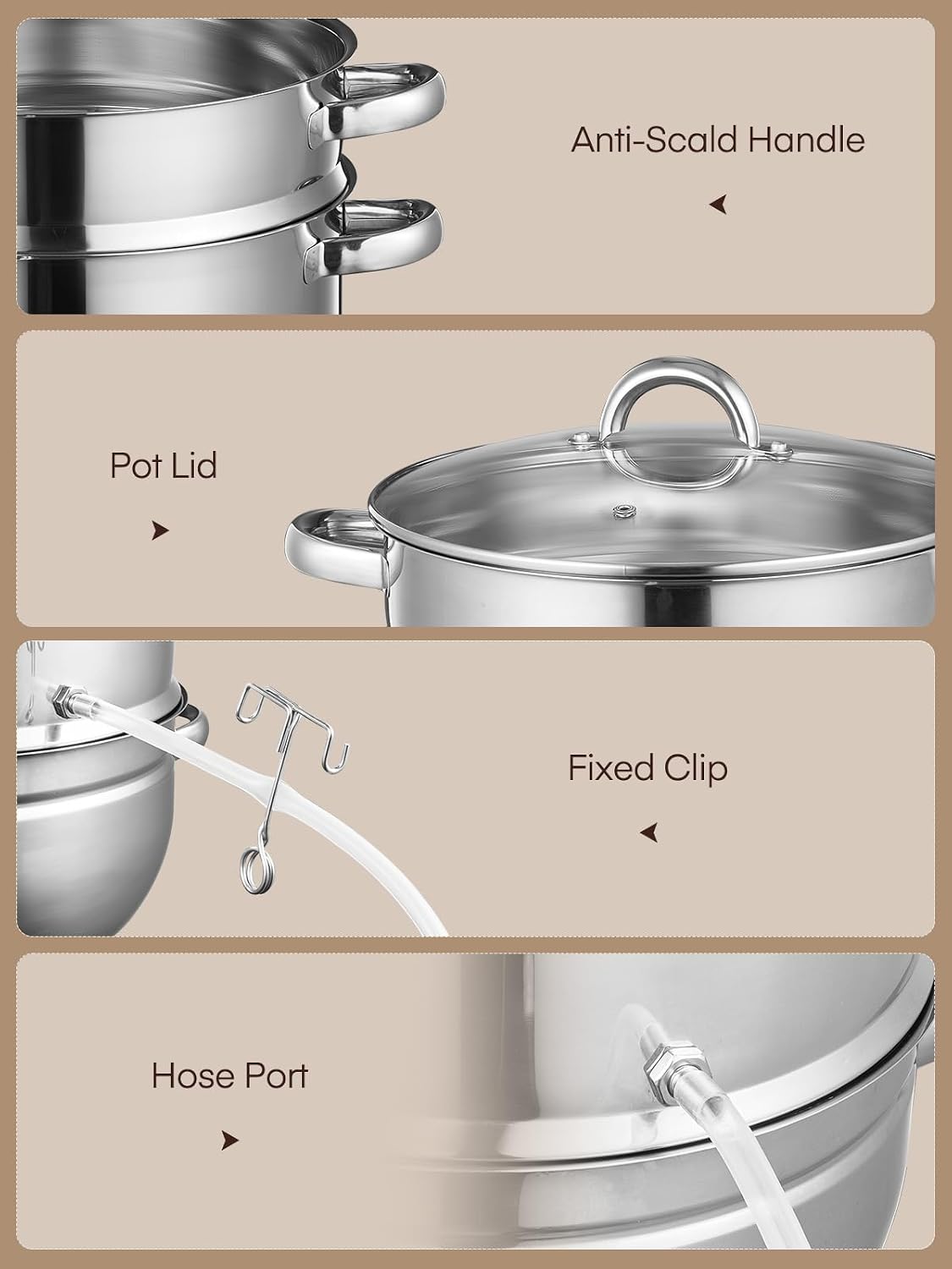 FOHERE 11Qt Steam Juicer Extractor Stainless Steel, Juice Steamer Pot for Fruit & Vegetables with Glass Lid, Hose, Clamp, Loop Handles, Ideal for Making Fresh Juice, Jelly, and Sauces
