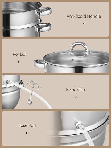 FOHERE 11Qt Steam Juicer Extractor Stainless Steel, Juice Steamer Pot for Fruit & Vegetables with Glass Lid, Hose, Clamp, Loop Handles, Ideal for Making Fresh Juice, Jelly, and Sauces