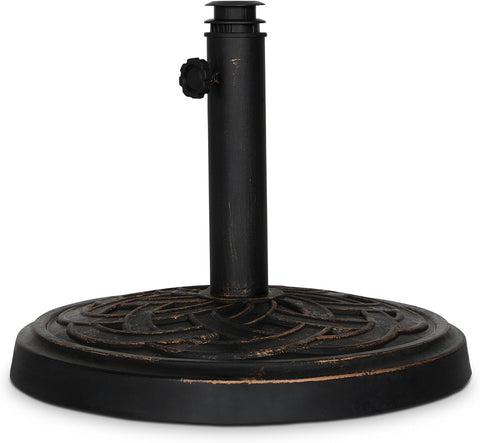 Backyard Expressions Round Heavy Duty Patio Umbrella Base – Weather Resistant Calcium Carbonate Resin with Bronze Weave Design – Fits 1.5" to 2" Poles, Easy Assembly, UV & Fade Resistant
