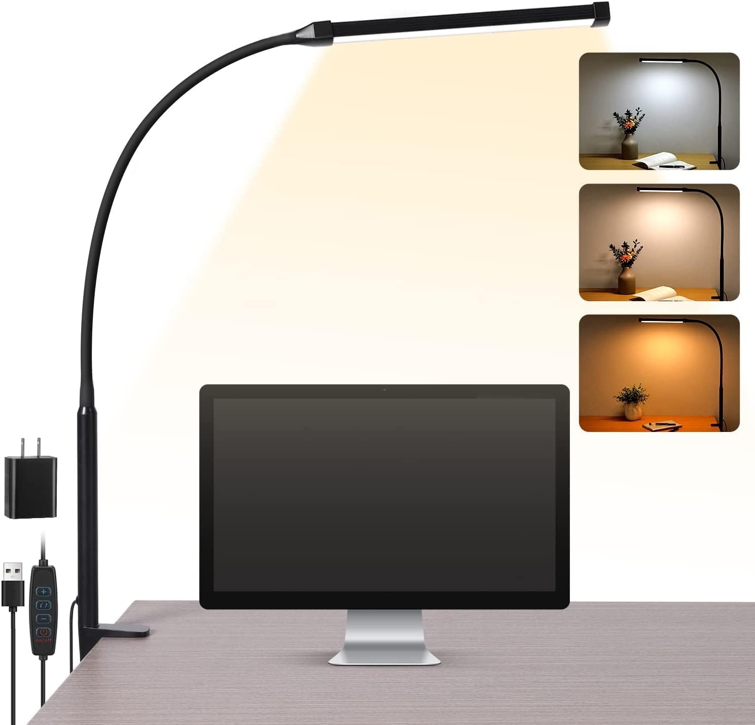 Voncerus LED Desk Lamp with Clamp, Clip on Lights for Home Office, Black