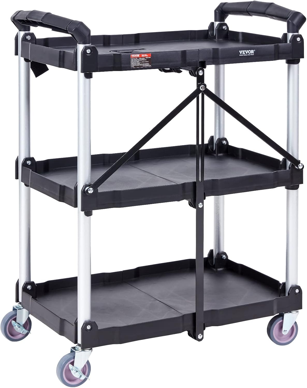 VEVOR Foldable Utility Service Cart, 165LBS 3 Shelf Heavy Duty Plastic Rolling Cart with 360° Swivel Wheels (2 with Brakes), Ergonomic Handle, Portable Garage Tool Cart for Warehouse Office Home