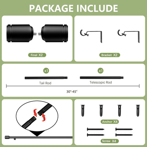 Curtain Rods 30-45 Inch, Adjustable Black Curtain Rods for Windows 1 Pack