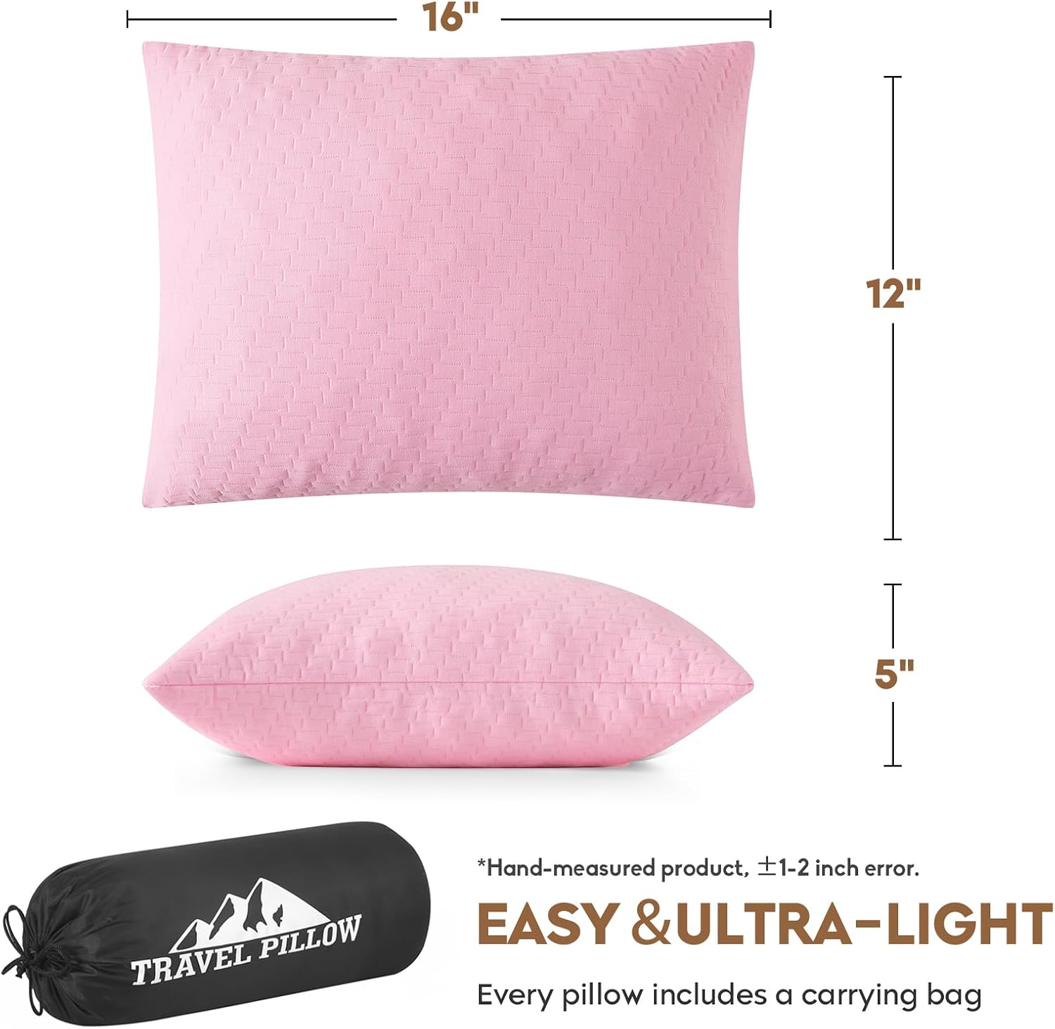 Small Shredded Memory Foam Pillow, Camping Pillow Travel Pillow - Compressible Medium Firm, Breathable Cover, Ideal Backpacking Hiking, Airplane and Car (Apricot Pink, S)