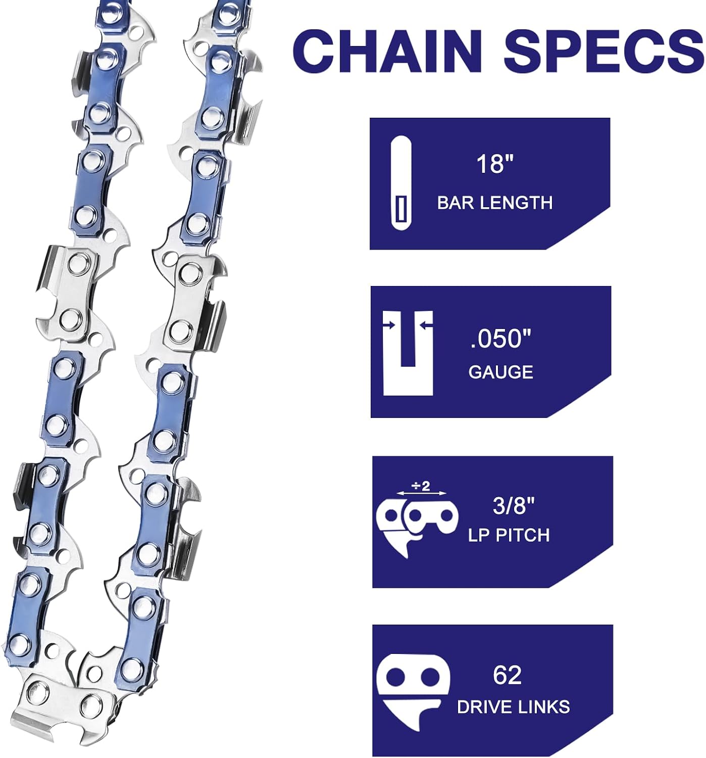 4 Pack 18 Inch Chainsaw Chain 3/8" LP Pitch .050'' Gauge 62 Drive Links Fits Poulan, Craftsman, Echo, Homelite and more