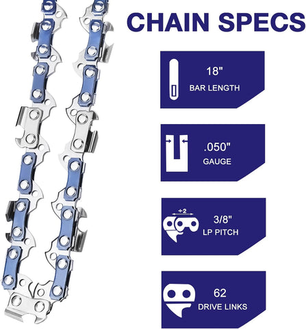 4 Pack 18 Inch Chainsaw Chain 3/8" LP Pitch .050'' Gauge 62 Drive Links Fits Poulan, Craftsman, Echo, Homelite and more