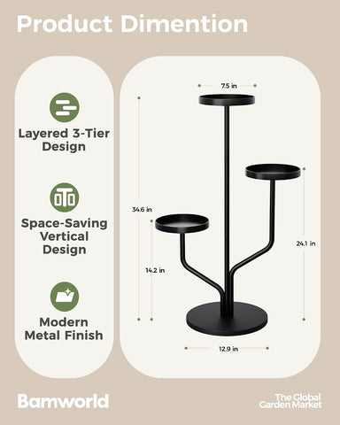Bamworld 3 Tier Plant Stand Indoor Outdoor Metal Plant Shelf for Multiple Plants Pots Black