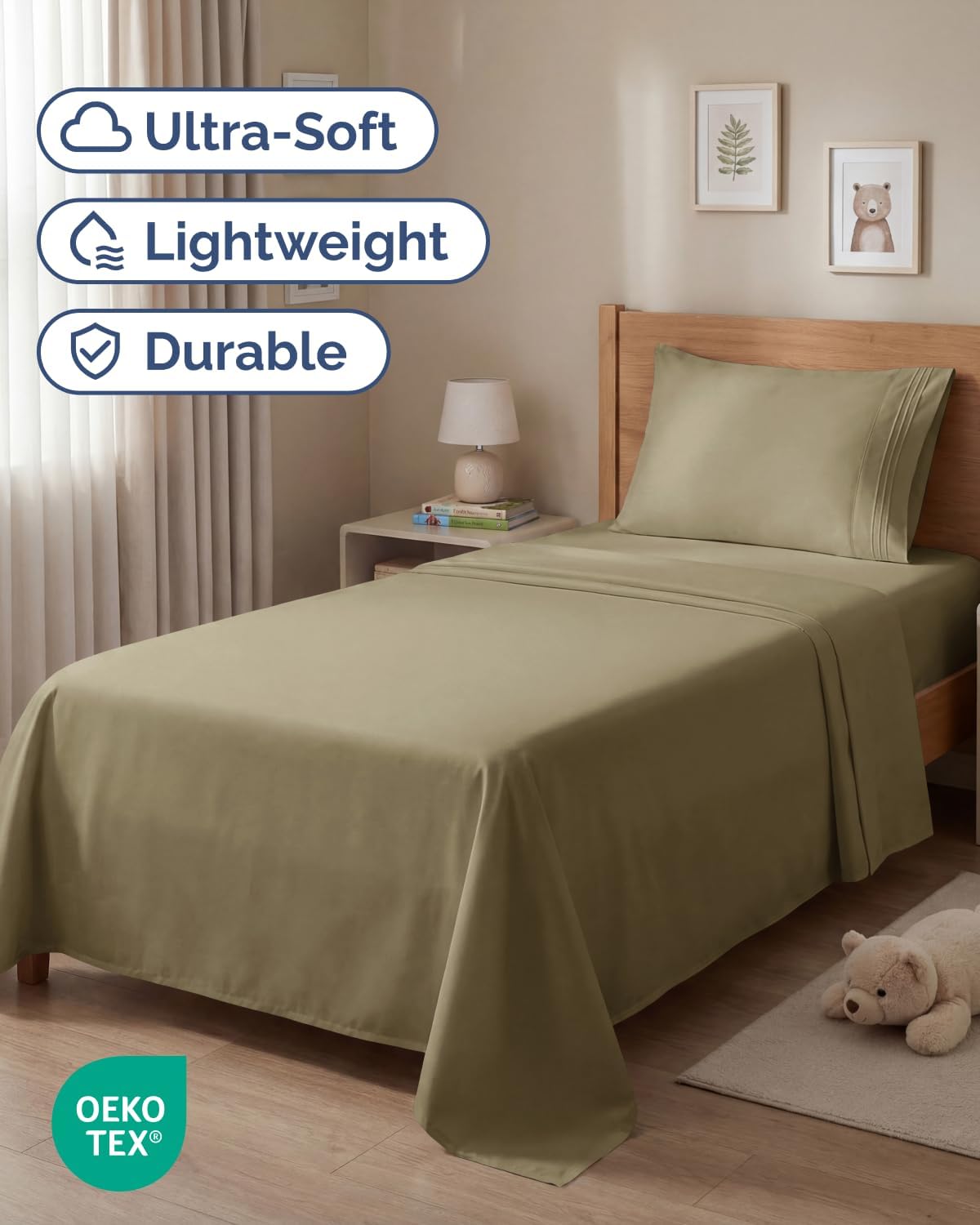 Twin Size 3 Piece Sheet Set - Comfy Breathable & Cooling Sheets - Khaki