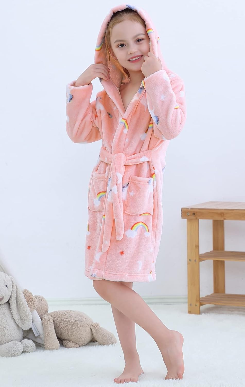 Umeyda Girls Fleece Hooded Robes, Warm Printed Bath Robe for Kids Soft Fuzzy Bathrobe for Gifts
