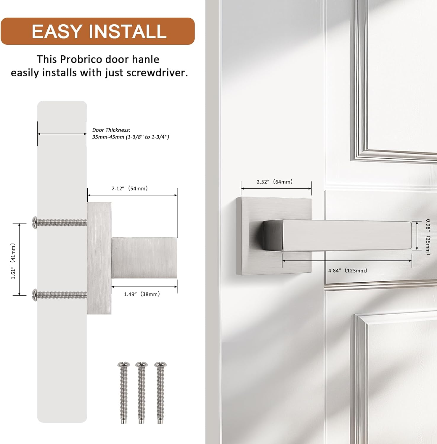 Probrico [Pack of 2 Dummy Door Lever Door Handle for Closets French Doors,Square Dummy Door Lever,Non-Turning Single Side Pull with Satin Nickel Finish,Easy Installation Pull Only Lever Set