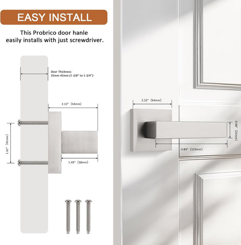 Probrico [Pack of 2 Dummy Door Lever Door Handle for Closets French Doors,Square Dummy Door Lever,Non-Turning Single Side Pull with Satin Nickel Finish,Easy Installation Pull Only Lever Set