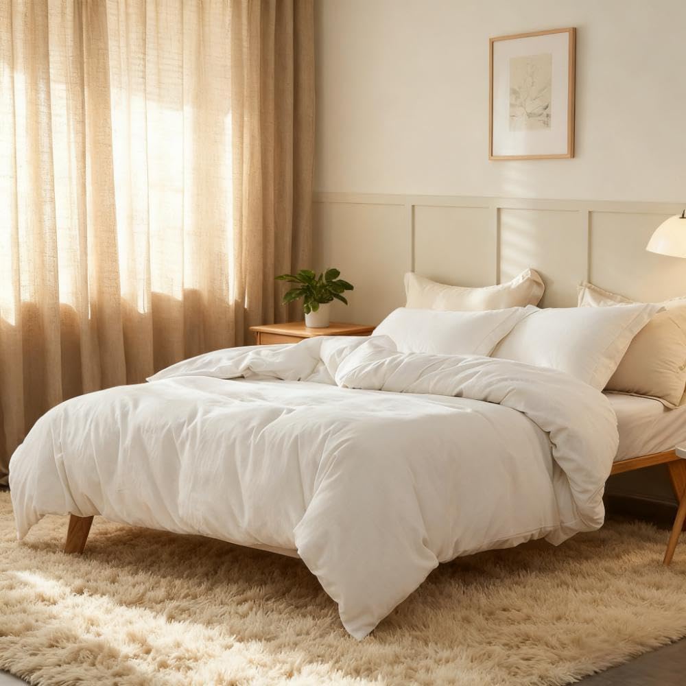 Simple&Opulence French Linen Duvet Cover Set 88" x 92"- 3 Pieces (1 Comforter Cover,2 Pillowcases)- Natural Flax Cotton Blend-Solid Color Breathable Farmhouse Bedding-Off White, Queen