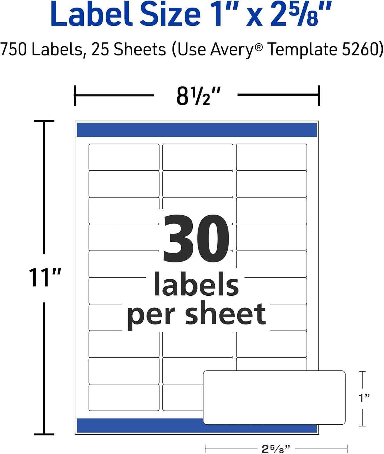 Avery® Easy Peel® Printable Address Labels, Sure Feed® Technology, 1" x 2-5/8" Customizable Stickers, White, 3,750 Blank Mailing Labels, Great for Mailing, Shipping, and More (5-Pack of 5260)
