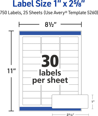 Avery® Easy Peel® Printable Address Labels, Sure Feed® Technology, 1" x 2-5/8" Customizable Stickers, White, 3,750 Blank Mailing Labels, Great for Mailing, Shipping, and More (5-Pack of 5260)