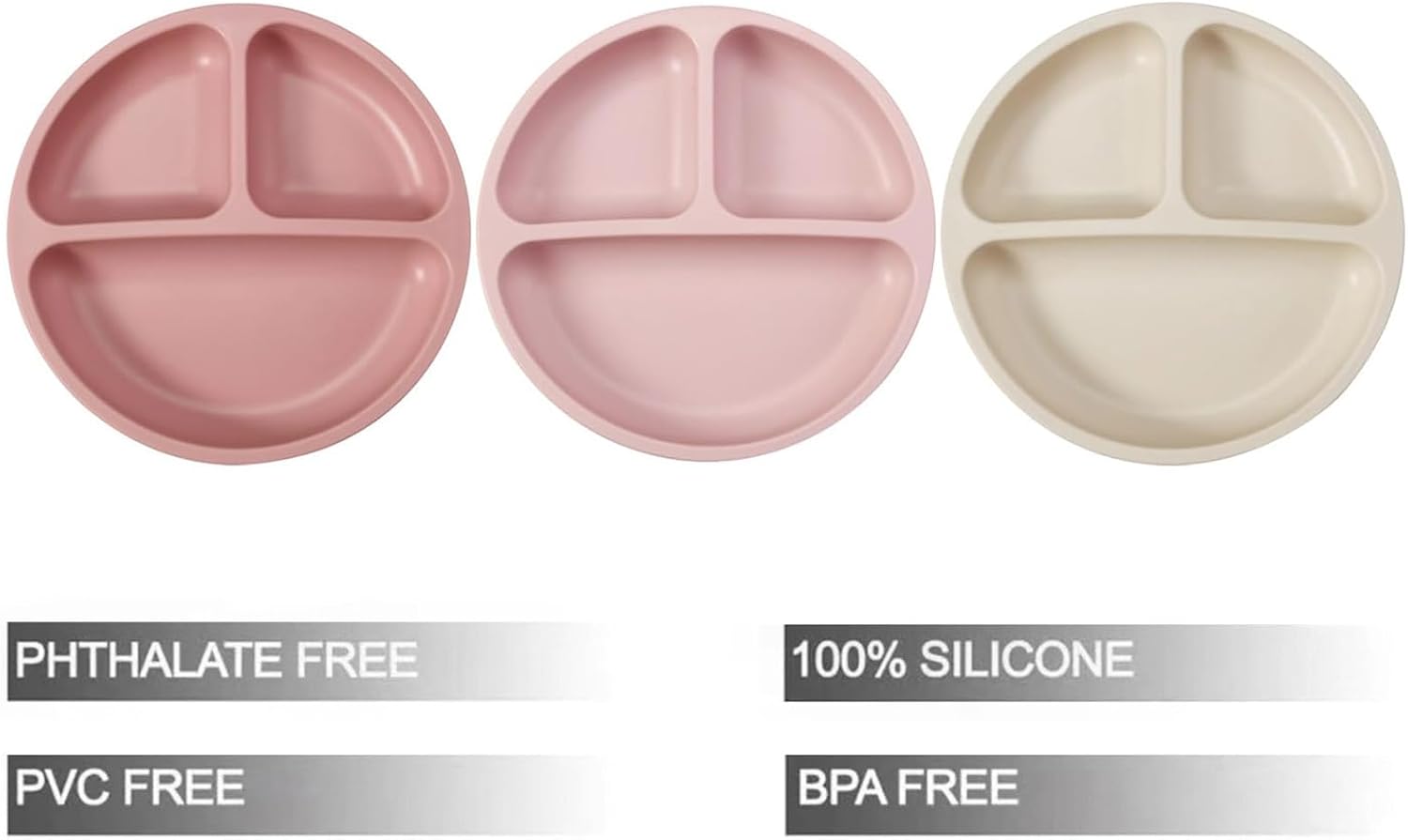 PandaEar 3 Pack Toddler Plates, Silicone Divided Suction Plate for Babies, BPA-Free 100% Food-Grade Silicone Unbreakable Baby Plate (Pink/Linen/Light Pink)