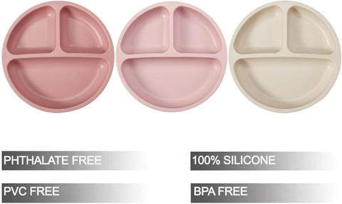 PandaEar 3 Pack Toddler Plates, Silicone Divided Suction Plate for Babies, BPA-Free 100% Food-Grade Silicone Unbreakable Baby Plate (Pink/Linen/Light Pink)