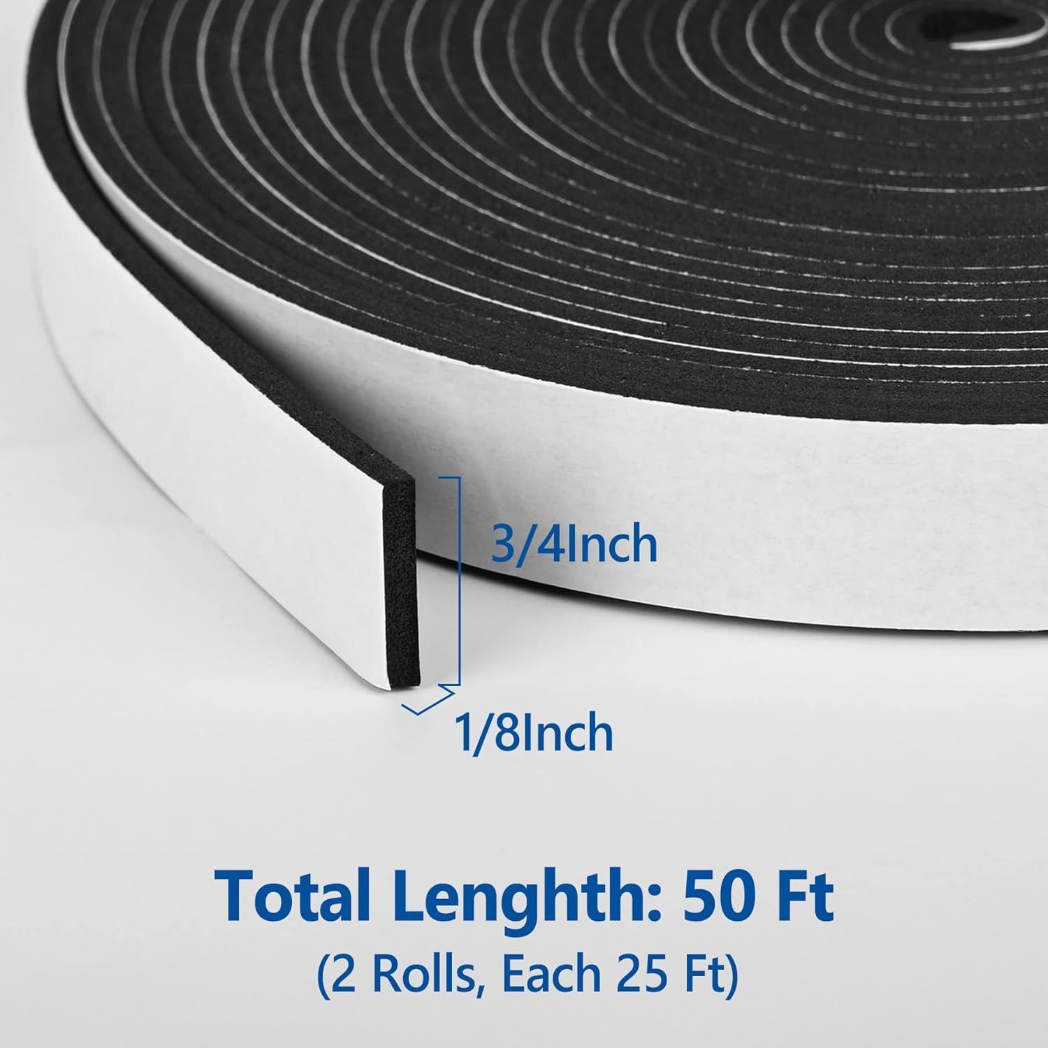 Kikerike Self Adhesive Foam Tape Weatherstrip 3/4In x 1/8In x 50Ft High Density Foam Insulation Strips Seal Weather Stripping with Strong Adhesive for Door and Window Sound Isolation Soundproofing