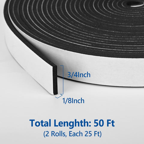 Kikerike Self Adhesive Foam Tape Weatherstrip 3/4In x 1/8In x 50Ft High Density Foam Insulation Strips Seal Weather Stripping with Strong Adhesive for Door and Window Sound Isolation Soundproofing