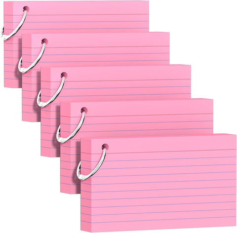 250 Count Pink Index Cards 3x5 Inch with Key Ring, Color Flash Index Card (50 Sheets Each), Durable & Portable Note Taking for Students, Teachers, Study Note Cards for Office Home School