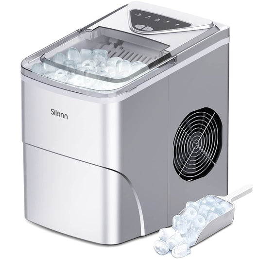 Silonn Ice Makers Countertop, 9 Cubes Ready in 6 Mins, 26lbs in 24Hrs, Self-Cleaning Ice Machine with Ice Scoop and Basket, 2 Sizes of Bullet Ice for Home Kitchen Office Bar Party, Sliver